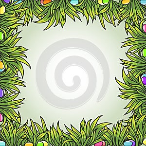 Vector frame of Easter eggs and green grass.