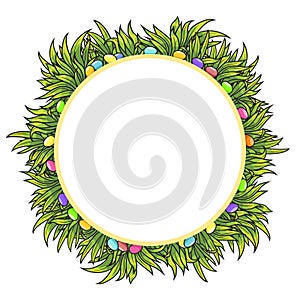 Vector frame of Easter eggs and green grass.