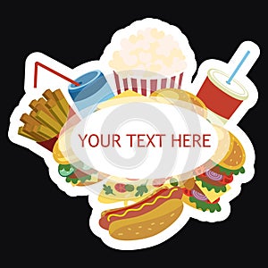 Vector frame with fast food. Stylized street food with space for text. Menu for the cafe.