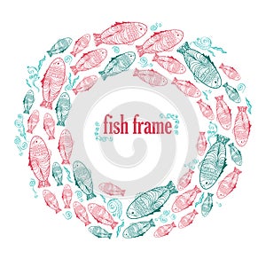 Vector frame with hand draw green and red fishes