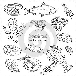 Vector frame with hand drawn seafood illustration - fresh fish, lobster, crab, oyster, mussel, squid and spice sketch.
