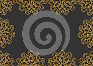 Vector frame pattern of golden mandalas on dark gray background