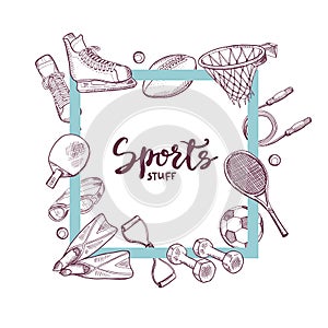 Vector frame hand drawn sports equipment