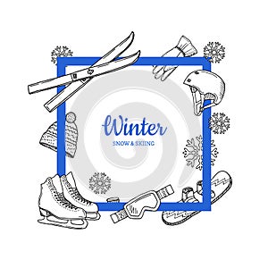 Vector frame with place for text hand drawn winter sports