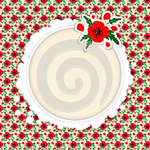 Vector frame with red poppies on the background and white blank space in the center. Template for postcar