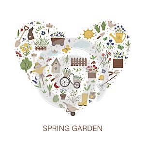 Vector frame with springy garden tools, flowers, herbs, plants. Gardening elements banner or party invitation
