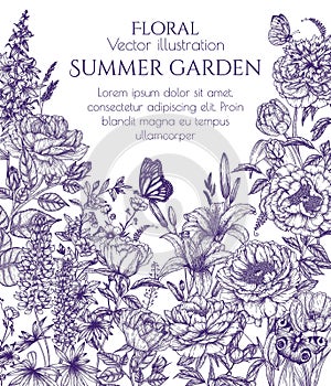 Vector frame summer garden in engraving style