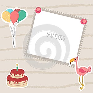 Vector frame template for newborn photo. Background template for scrapbooking album with stickers of cake and balloons. Children`