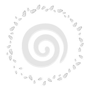 Vector frame for text from seashells. Round frame for text with seashells monochrome. Design element for greeting card