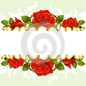 Vector frame whith red roses and golden ribbon