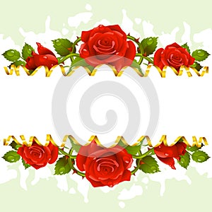 Vector frame whith red roses and golden ribbon photo