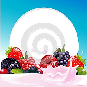 Vector frame with wild berry fruit and milk splash