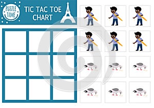 Vector France tic tac toe chart with boy with baguette and pigeon. Board game playing field. Funny French printable worksheet.