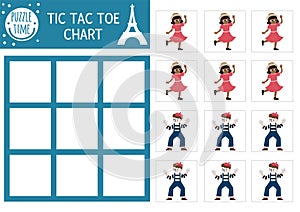 Vector France tic tac toe chart with girl in beautiful dress and mime. Board game playing field. Funny French printable worksheet