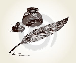 Vector freehand drawing of ancient pen and inkwell