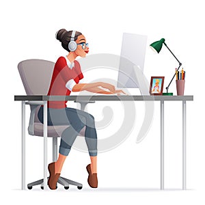 Vector freelance woman working home office with desktop computer.