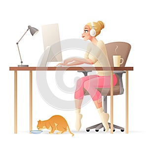 Vector freelance woman working home office with desktop computer.