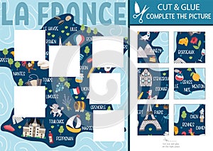 Vector French cut and glue activity. Crafting game with cute France map with cities, traditional symbols. Fun printable worksheet