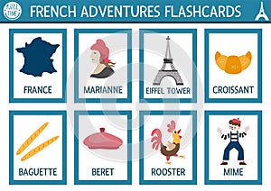Vector French flash cards set. English language game with cute Eiffel Tower, croissant, baguette for kids. Flashcards with