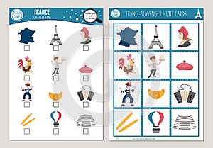 Vector French scavenger hunt cards set. Seek and find game with cute Eiffel Tower, croissant, baguette for kids. Searching