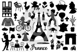 Vector French silhouettes set. France black icons collection with funny Eiffel tower, Notre dame, people, animals, croissant,