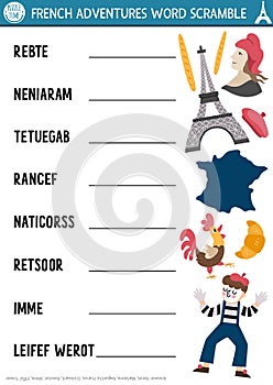 Vector French word scramble activity page. English language game with Eiffel Tower, croissant, baguette for kids. Family quiz with