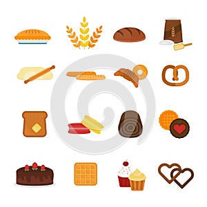 Vector fresh baked bread products icons isolated