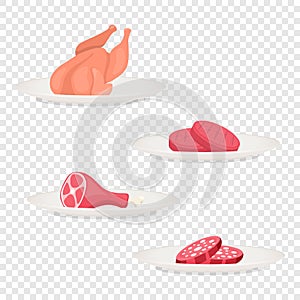 Vector Fresh Pieces of Raw Meat, Chicken, Sausage, Ham, Steak on Plate Icon Set Isolated in Cartoon Style. Food, BBQ