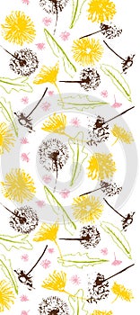 Vector fresh retro floral dandelions blowballs and daisies seamless border
