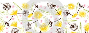 Vector fresh retro floral dandelions blowballs and daisies seamless border