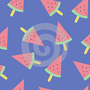 Vector Fresh Slice of Watermelon Seamless Pattern on Blue Background