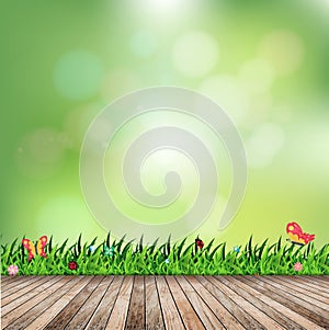 Vector fresh spring grass with green bokeh and sunlight and wood floor