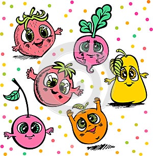 Vector fruit berries drawn in the cartoon style