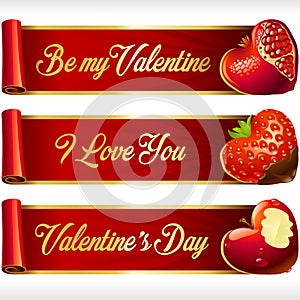 Vector Fruit Hearts and Red Ribbons horizontal Banners set