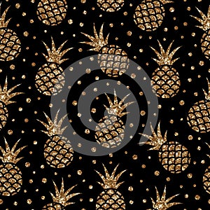 Vector fruit seamless pattern with gold glitter pineapples and dots on black background