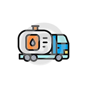Vector fuel truck, car with oil tank, water transfer flat color line icon.
