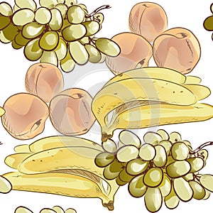 Vector fuit seamless pattern. Banana, peach, white grape