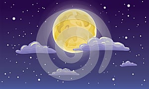 Vector full moon, stars, and clouds on the dark midnight sky. Night sky scenery background. Cartoon full moon on dark