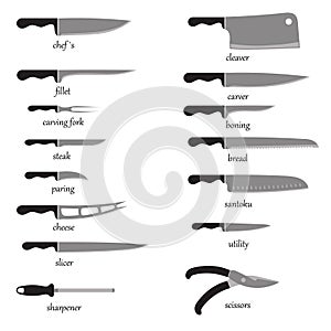 Vector full set kitchen knives white