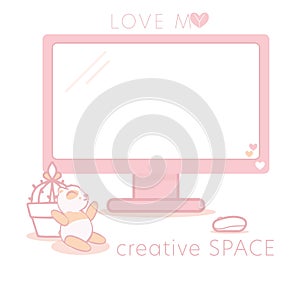 Vector Fun Cheerful Pink Home Office Computer with Mouse, Plant and Panda Illustration and Logo. Perfect for web design