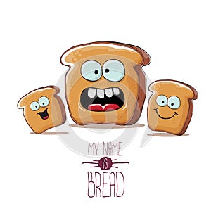 Vector funky cartoon bread character with friends isolated on white background. funky food bakery kids characters set or