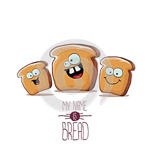 Vector funky cartoon bread character with friends isolated on white background. funky food bakery kids characters set or