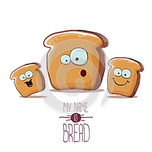 Vector funky cartoon bread character with friends isolated on white background. funky food bakery kids characters set or