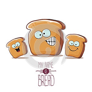 Vector funky cartoon bread character with friends isolated on white background. funky food bakery kids characters set or