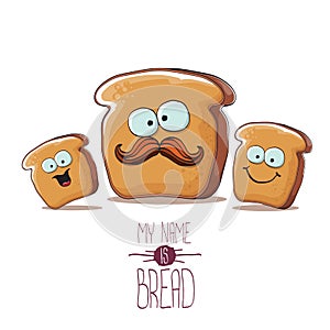 Vector funky cartoon bread character with friends isolated on white background. funky food bakery kids characters set or