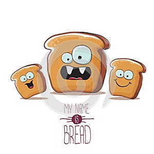 Vector funky cartoon bread character with friends isolated on white background. funky food bakery kids characters set or