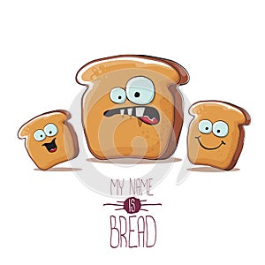 Vector funky cartoon bread character with friends isolated on white background. funky food bakery kids characters set or