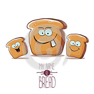 Vector funky cartoon bread character with friends isolated on white background. funky food bakery kids characters set or