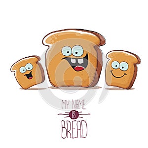 Vector funky cartoon bread character with friends isolated on white background. funky food bakery kids characters set or