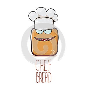 Vector funky cartoon smiling toast bread chef character with white chef hat isolated on white background. Bakery or kids